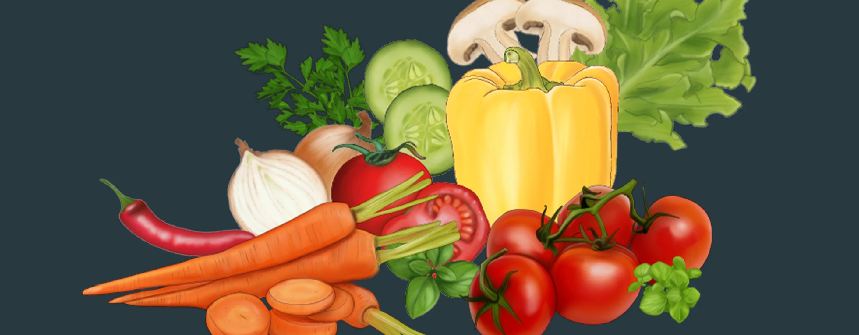 Buntes frisches Gemüse mit Tomaten, Karotten, Paprika, Gurke, Zwiebel, Pilz, Salat und Chili auf dunklem Hintergrund