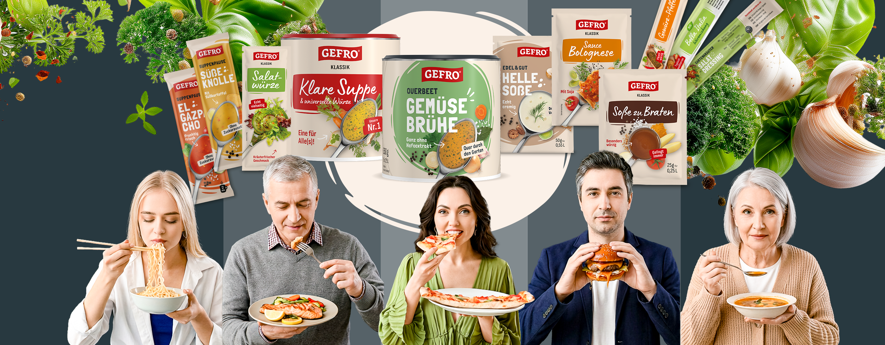 Collage mit GEFRO Produkten und fünf Personen, die Suppe, Nudeln, Pizza und Burger essen.