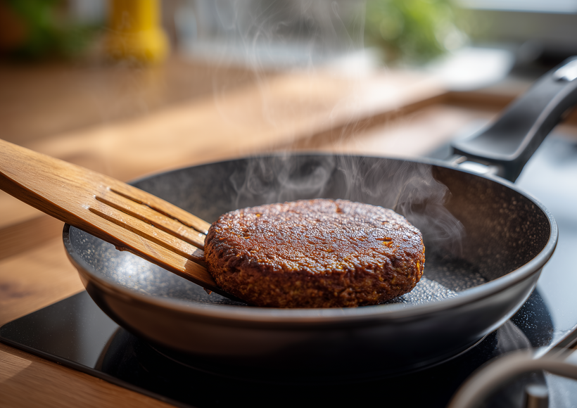 Veganes Burger-Patty brät in einer Pfanne auf einem Herd und wird mit einem Holzspatel gewendet.