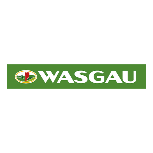 WASGAU Logo mit weißem Schriftzug und ovalem Symbol auf grünem Hintergrund, für Markenkennzeichnung im Shop