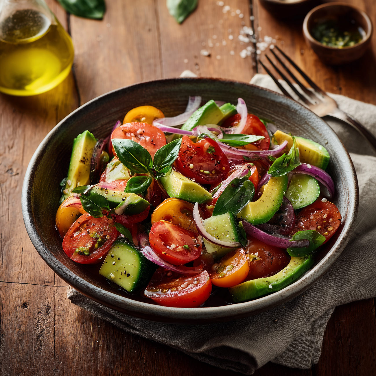 Schüssel mit frischem Salat aus Avocado, Tomaten, Gurke, roten Zwiebeln und Basilikum auf Holztisch