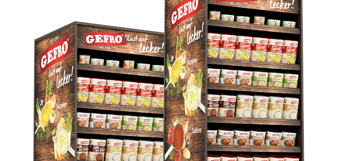 GEFRO Verkaufsregale mit Suppen und Soßen in Bechern, dekoriert in Holzoptik für die Produktpräsentation
