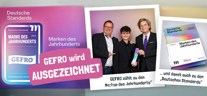 Grafik zur GEFRO-Auszeichnung, mit Siegel, Gruppenfoto und Buch „Marken des Jahrhunderts“ von Deutsche Standards