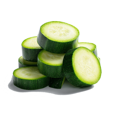 Mehrere dicke Scheiben grüner Zucchini, übereinandergestapelt, freigestellt auf weißem Hintergrund.