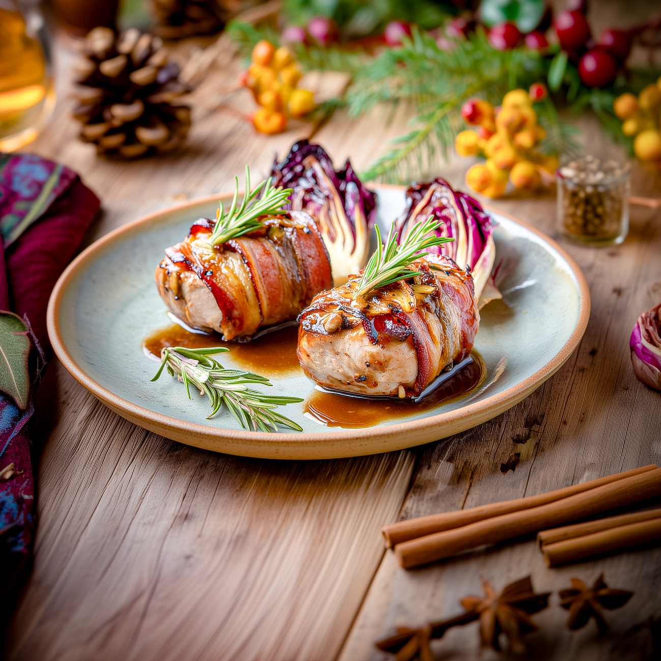Zwei mit Speck umwickelte Fleischstücke mit Rosmarin und Sauce auf Teller, dazu Radicchio auf Holztisch angerichtet