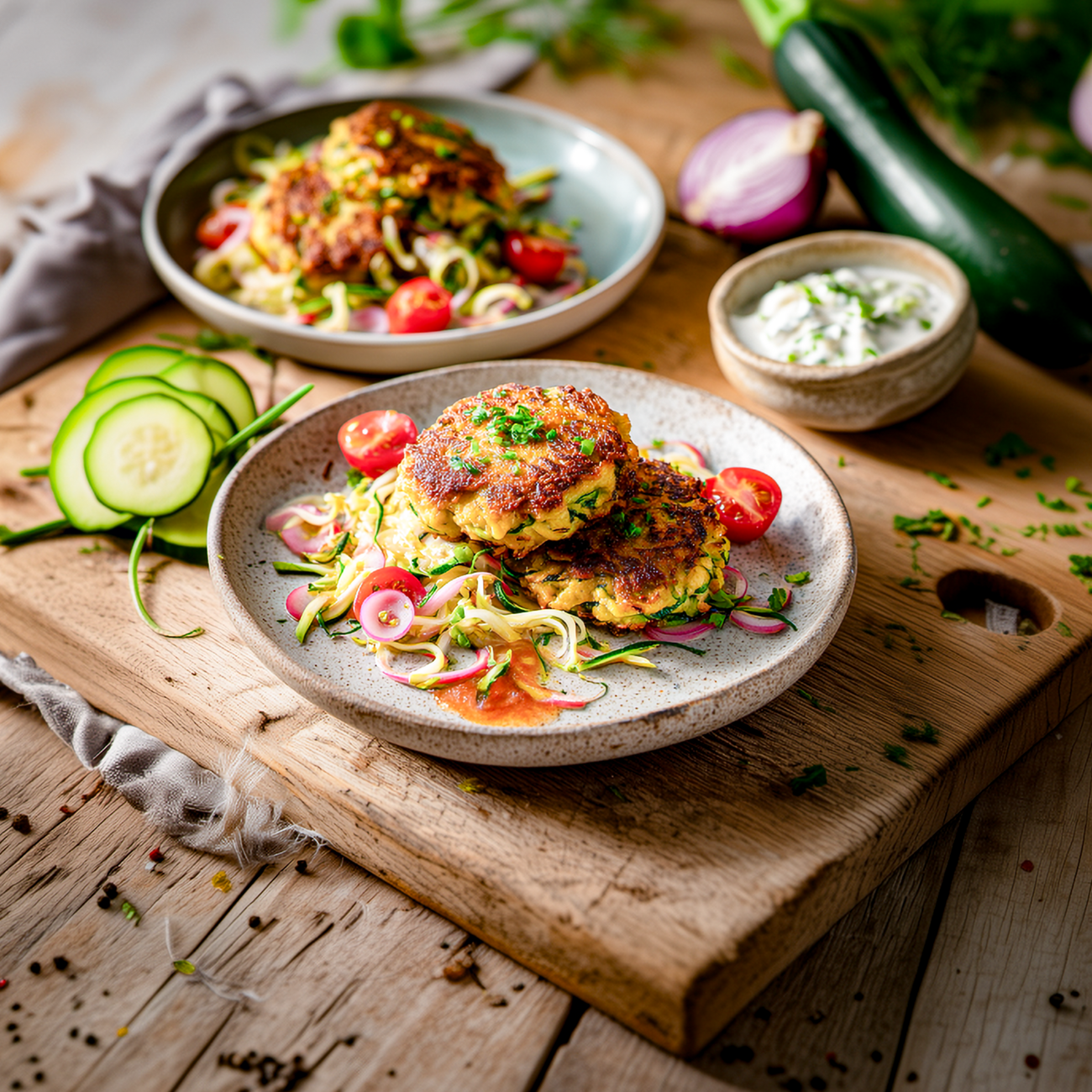 Zucchinipuffer auf Gemüsebett mit Tomaten und Radieschen, dazu Kräuterdip auf rustikalem Holztisch