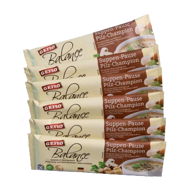 Sechs GEFRO Balance Portionsbeutel Suppe-Pause Pilz-Champion, gestapelt als Produktbild vor weißem Hintergrund