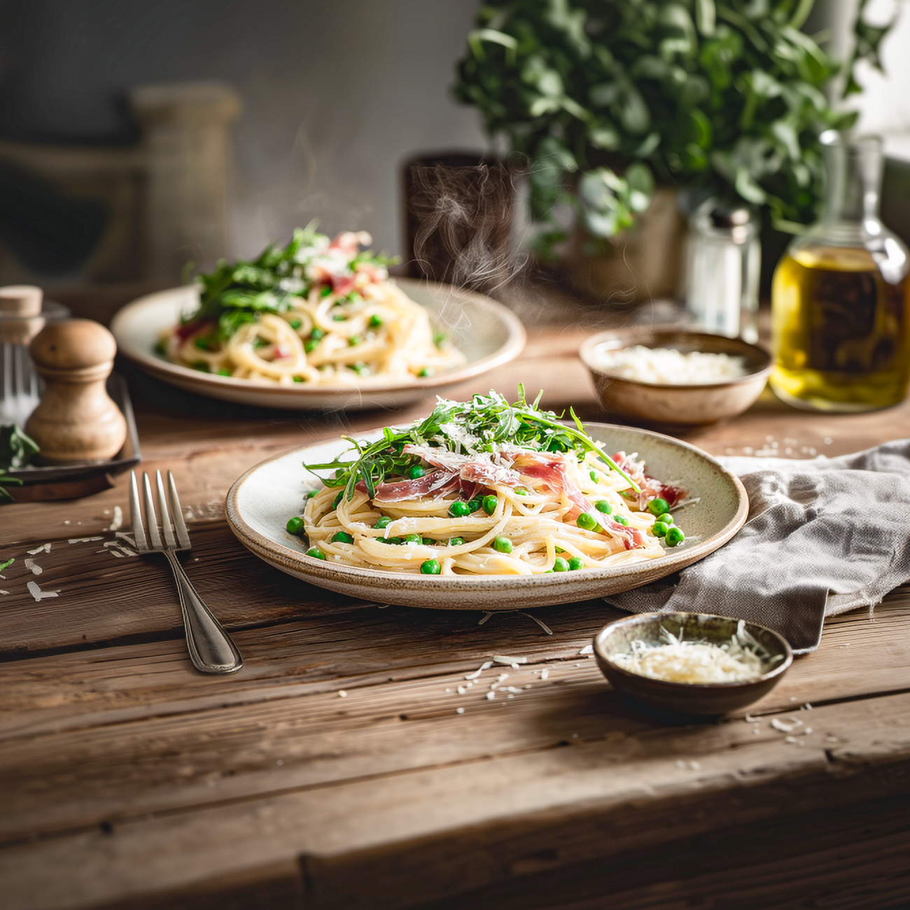 Teller mit dampfender Pasta, Erbsen, Schinken und Rucola auf Holztisch, daneben Parmesan und Olivenöl.