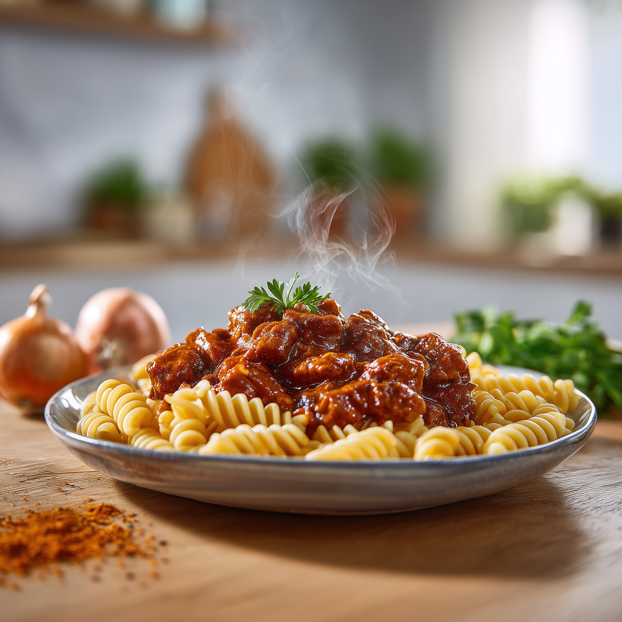 Teller mit heißen Fusilli und würziger Tomatensoße, garniert mit Petersilie, auf einem Holztisch in der Küche