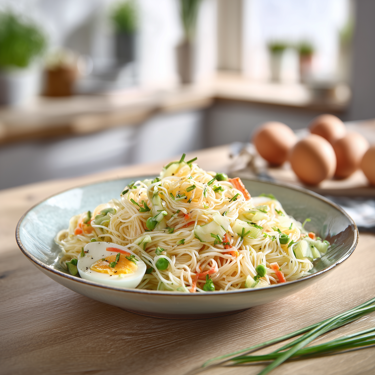 Schüssel mit Glasnudelsalat, Erbsen, Gurke, Kräutern und halbiertem Ei auf einem Holztisch in heller Küche