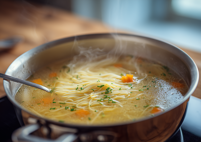 Dampfende Nudelsuppe im Topf mit klarer Brühe, Karottenstücken und Schnittlauch auf dem Herd zubereitet