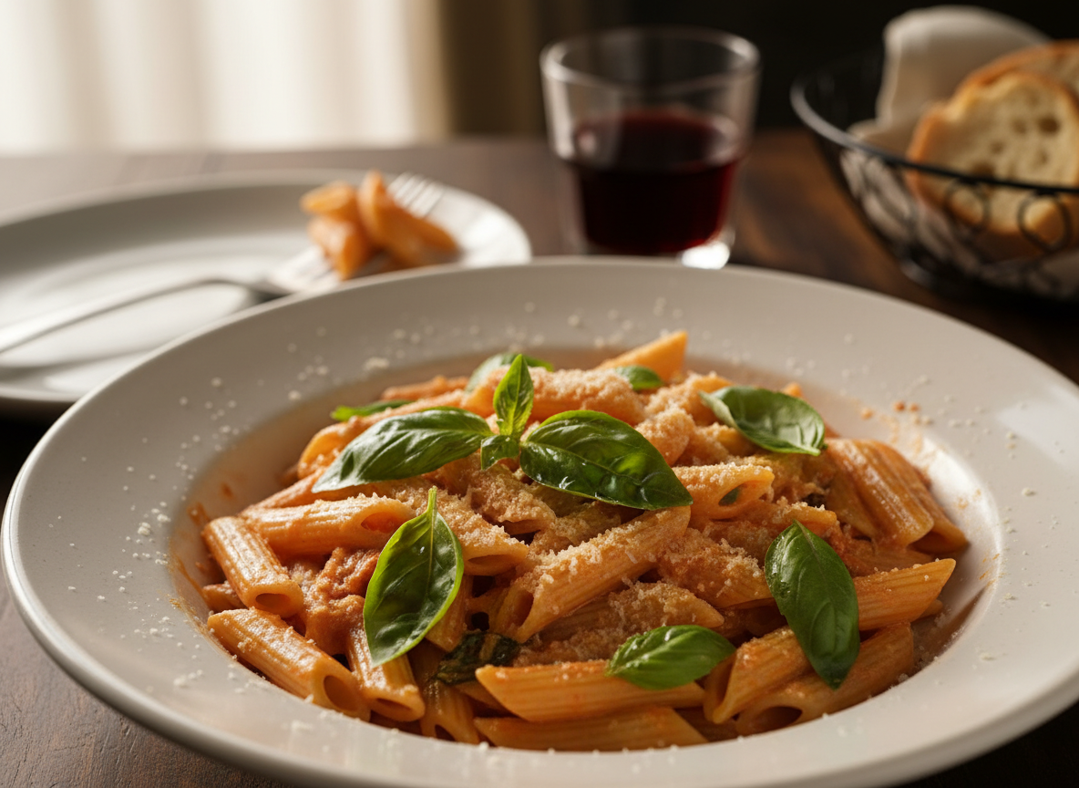 Teller mit Penne in Tomatensoße, bestreut mit Käse und frischem Basilikum, auf gedecktem Tisch serviert
