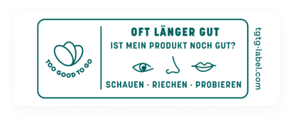 Etikett zu Lebensmittelhaltbarkeit mit „Oft länger gut“ und Symbolen für Schauen, Riechen und Probieren