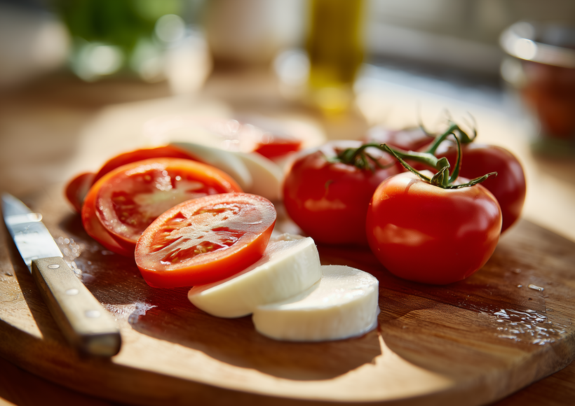 Frische Tomaten und Mozzarella in Scheiben auf einem Holzbrett, daneben ein Messer in warmem Sonnenlicht