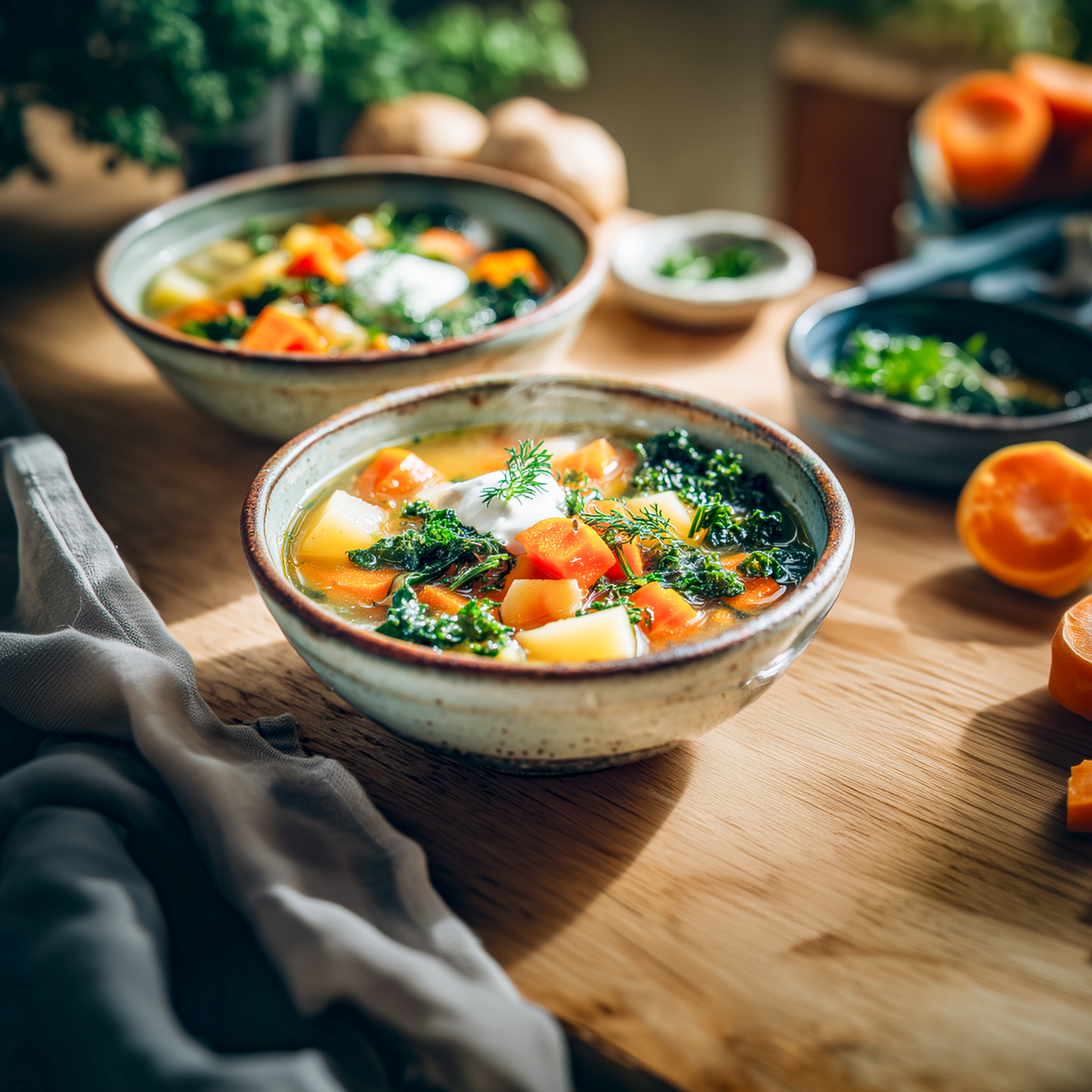 Schale mit heißer Gemüsesuppe aus Karotten, Kartoffeln und grünem Gemüse auf einem Holztisch angerichtet.
