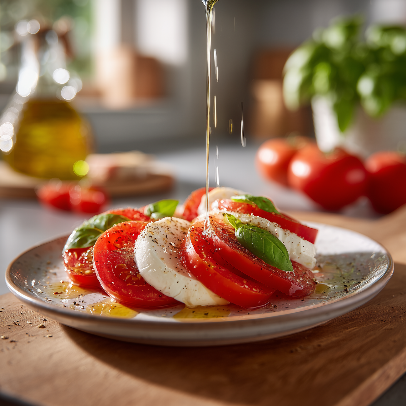 Caprese-Salat mit Tomaten, Mozzarella und Basilikum auf einem Teller, mit Olivenöl beträufelt in heller Küche