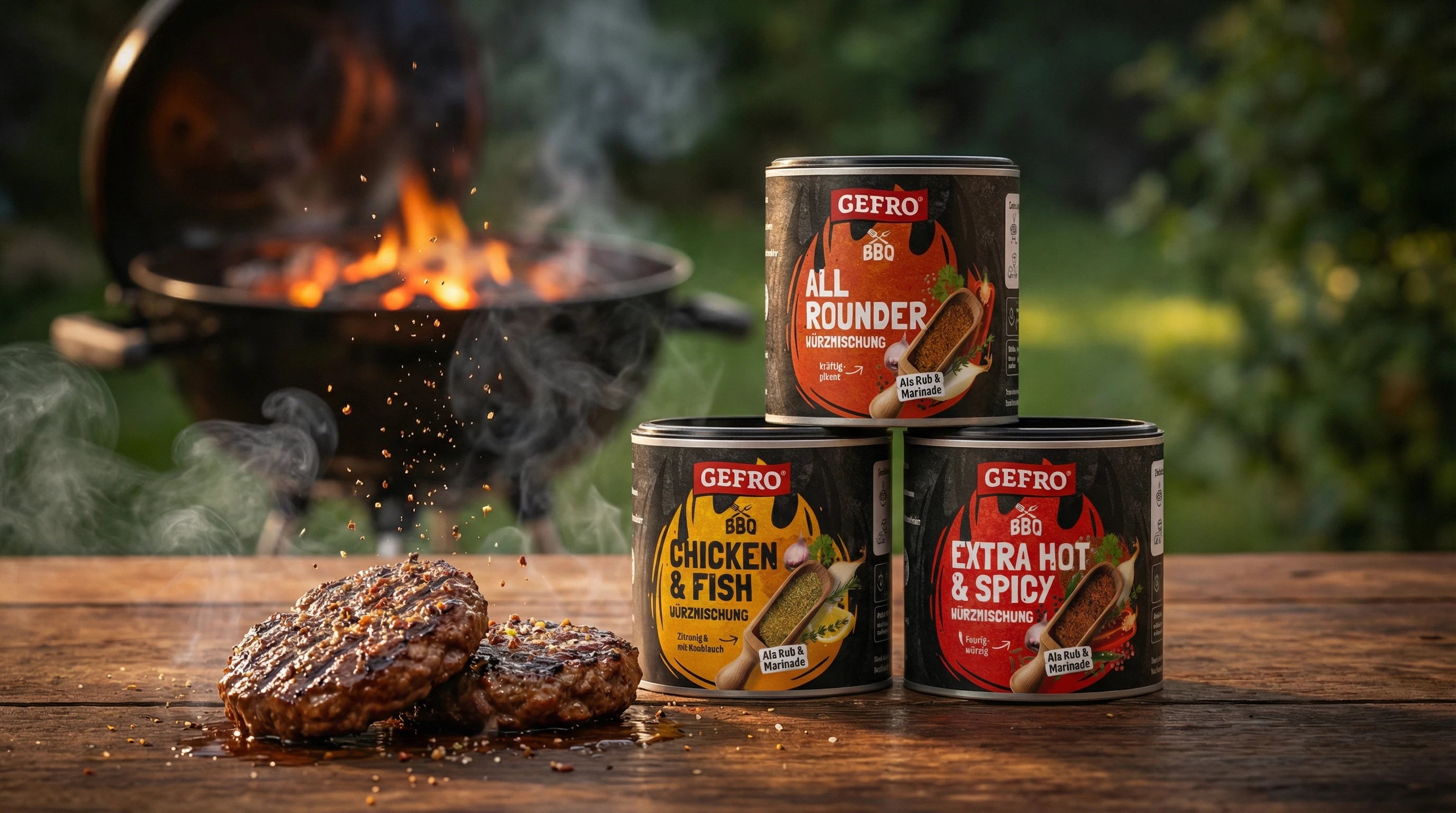 Drei GEFRO BBQ-Gewürzmischungen auf Holztisch neben gegrillten Burger-Patties, Grill mit Feuer im Hintergrund