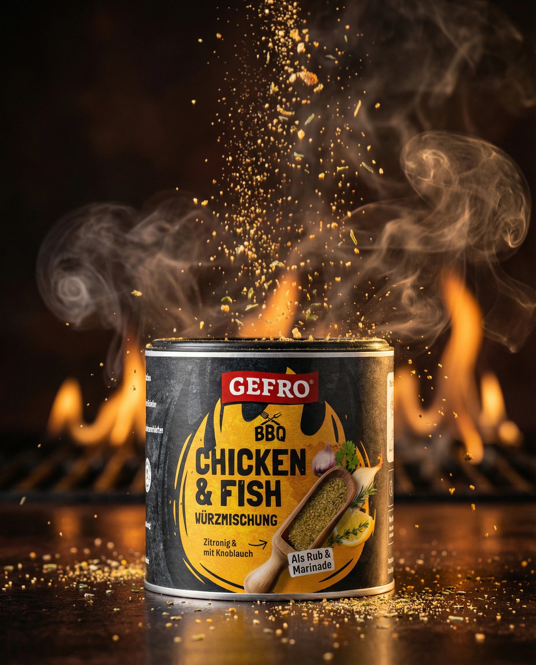 Dose GEFRO BBQ Chicken & Fish Würzmischung vor Grillflammen, mit aufgewirbelten Gewürzen und Rauch inszeniert