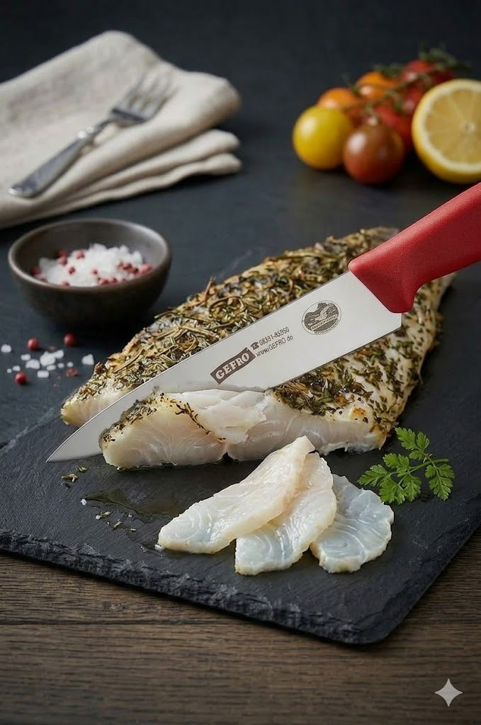 Küchenmesser mit rotem Griff schneidet gebratenes Fischfilet auf einer dunklen Servierplatte mit Kräutern und Beilage