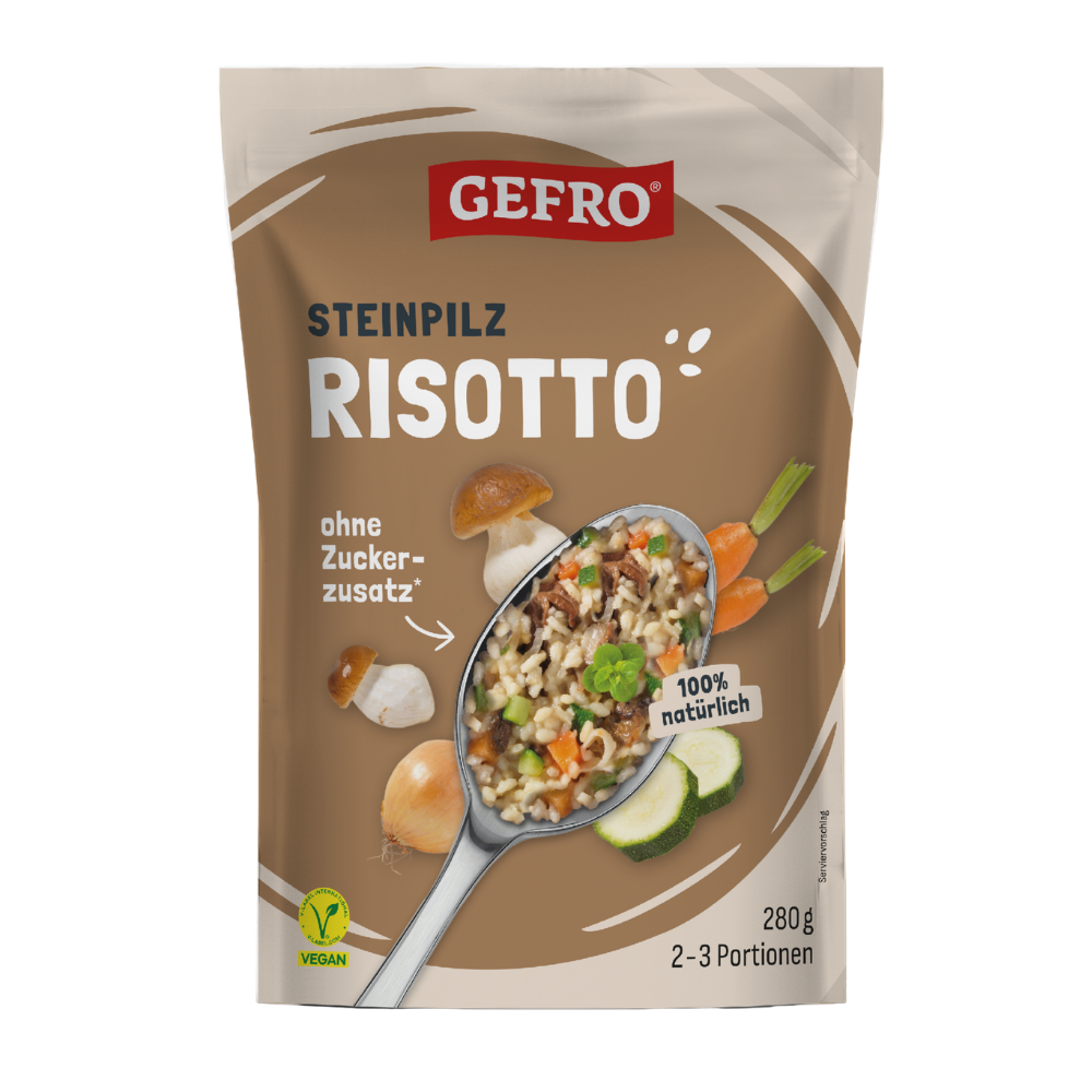 Beutel GEFRO Steinpilz-Risotto, 280 g für 2–3 Portionen, vegan, ohne Zuckerzusatz, mit Pilzen und Gemüse abgebildet