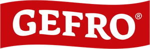 Weißes GEFRO Logo mit rotem Hintergrund, Markenkennzeichen für Lebensmittel und Feinkostprodukte
