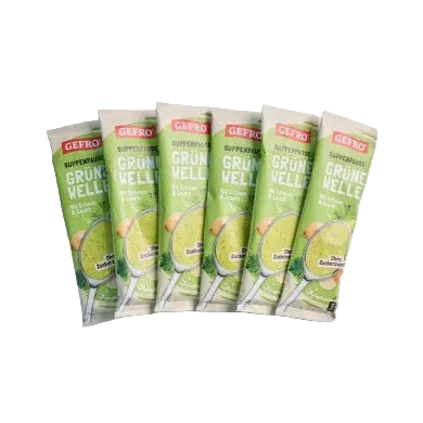 Sechs Portionsbeutel GEFRO Grüner Veltliner Suppe fächerförmig angeordnet, mit grünem Verpackungsdesign