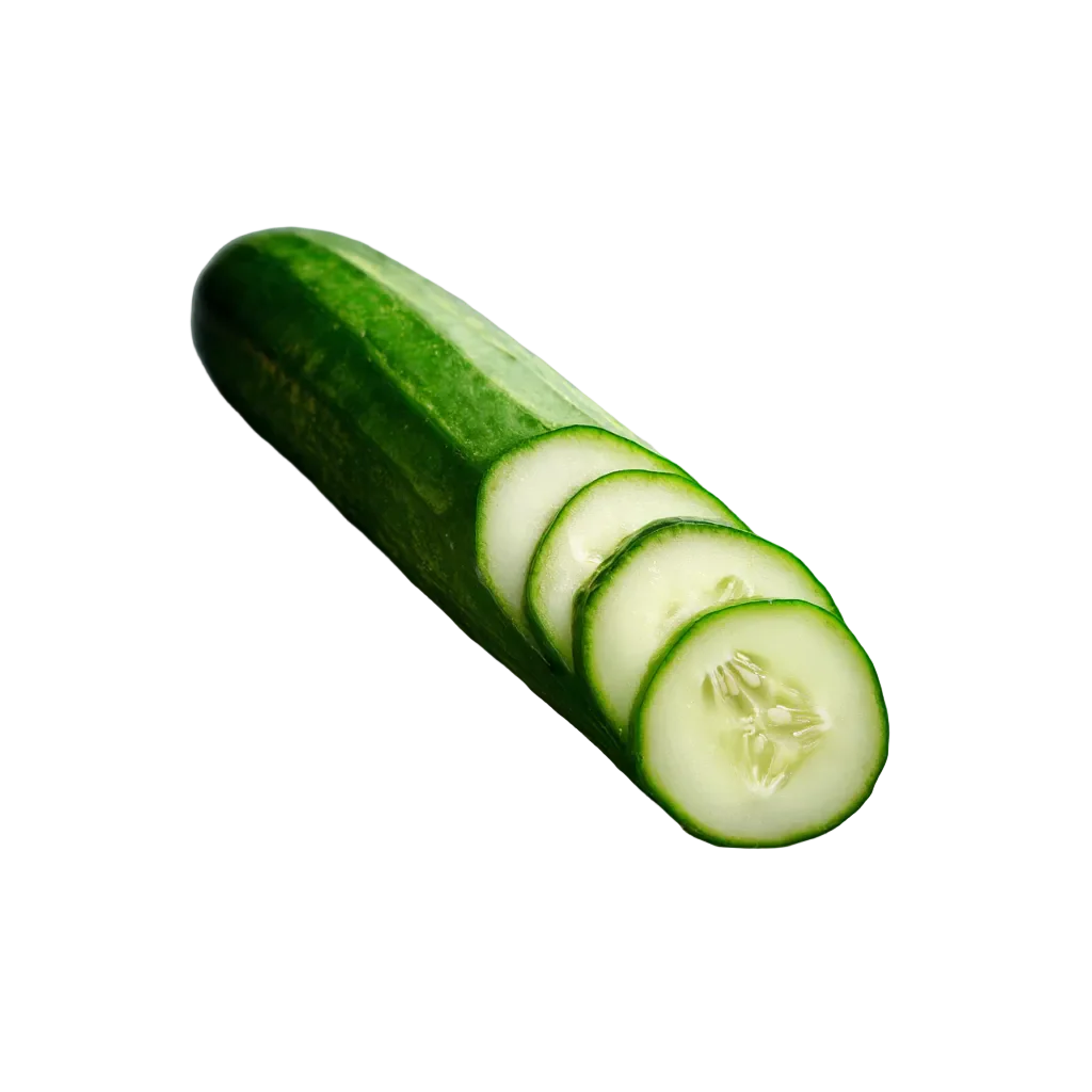 Ganze Gurke mit vier geschnittenen Scheiben, freigestellt vor schwarzem Hintergrund, zeigt frisches Gemüseprodukt.
