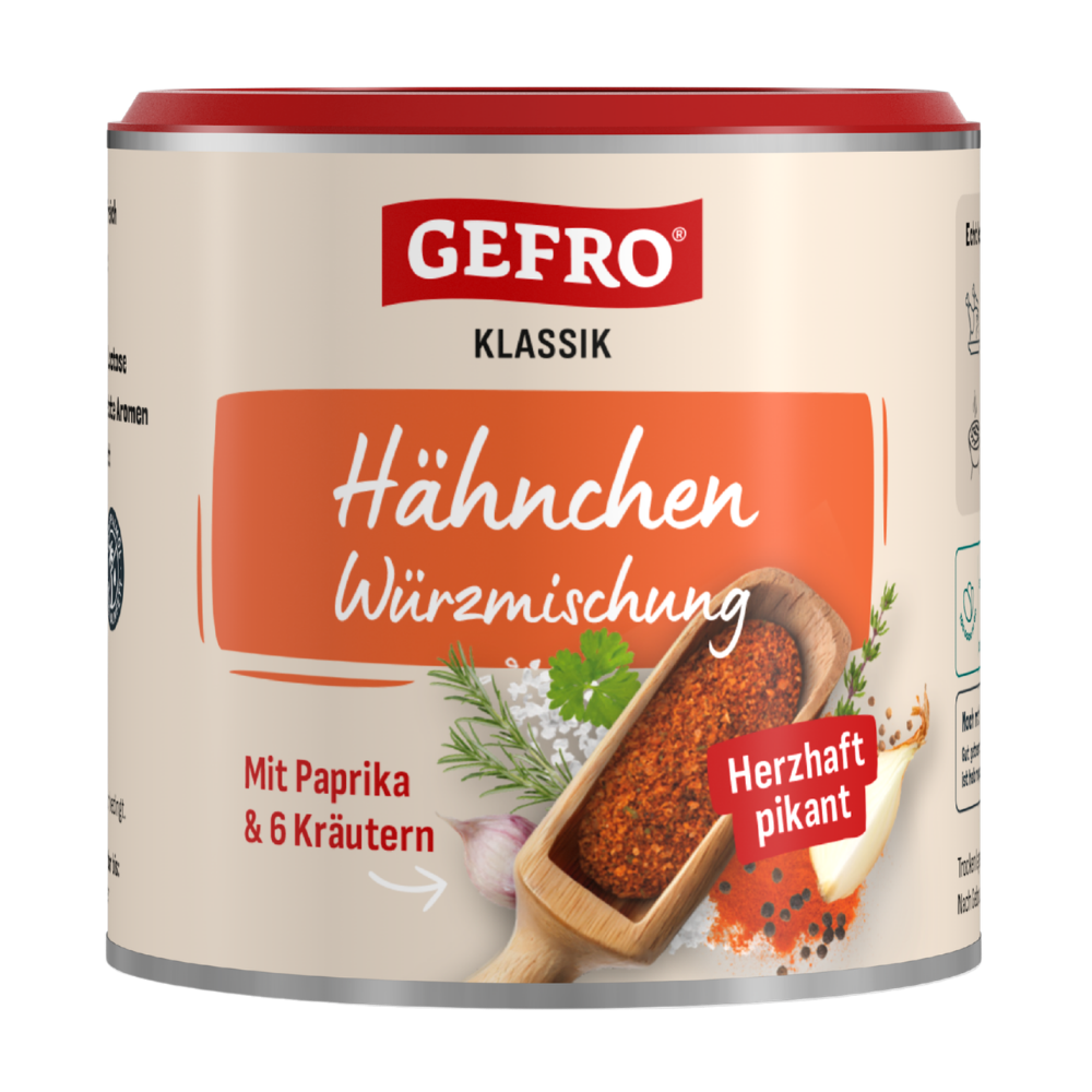 Dose Gefro Klassik Hähnchen Würzmischung mit Paprika und 6 Kräutern, herzhaft pikant gestaltet.