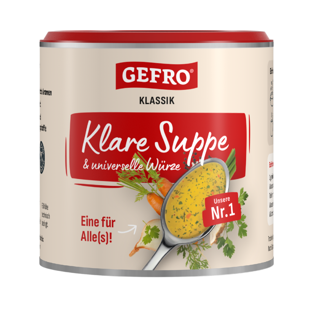 Dose GEFRO Klassik Klare Suppe und universelle Würze mit rotem Deckel und Abbildung einer gefüllten Suppenkelle