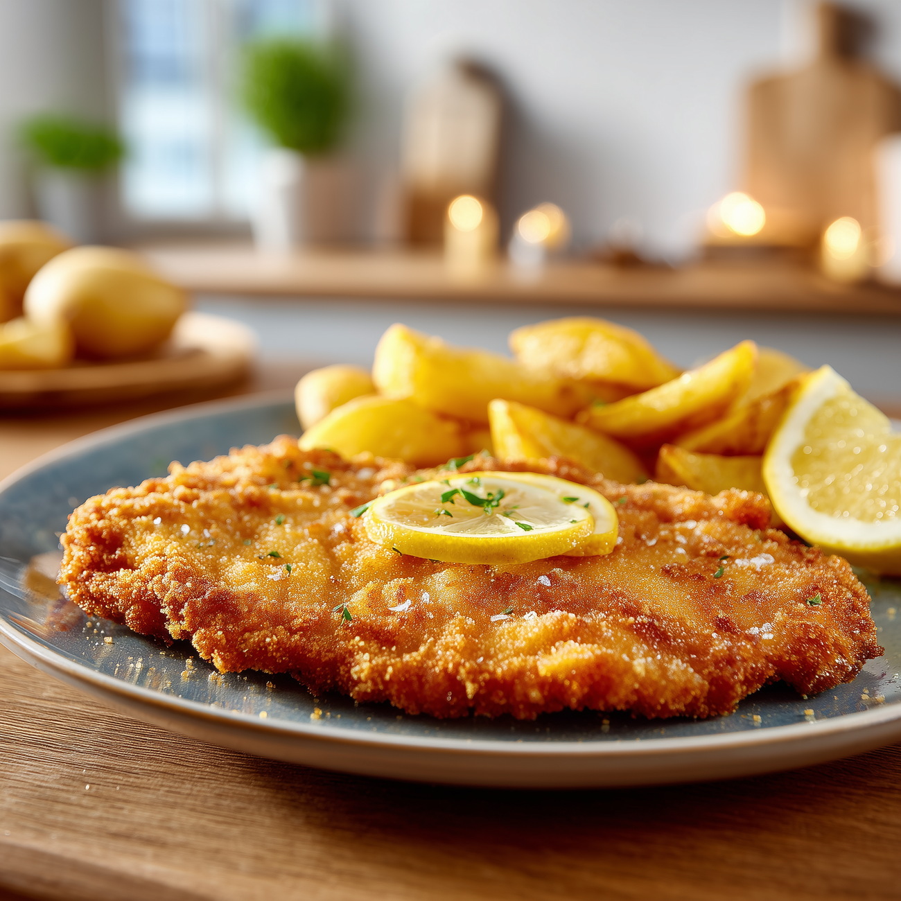 Knuspriges Schnitzel mit Zitronenscheibe und Kartoffelspalten auf einem Teller, serviert auf Holztisch.
