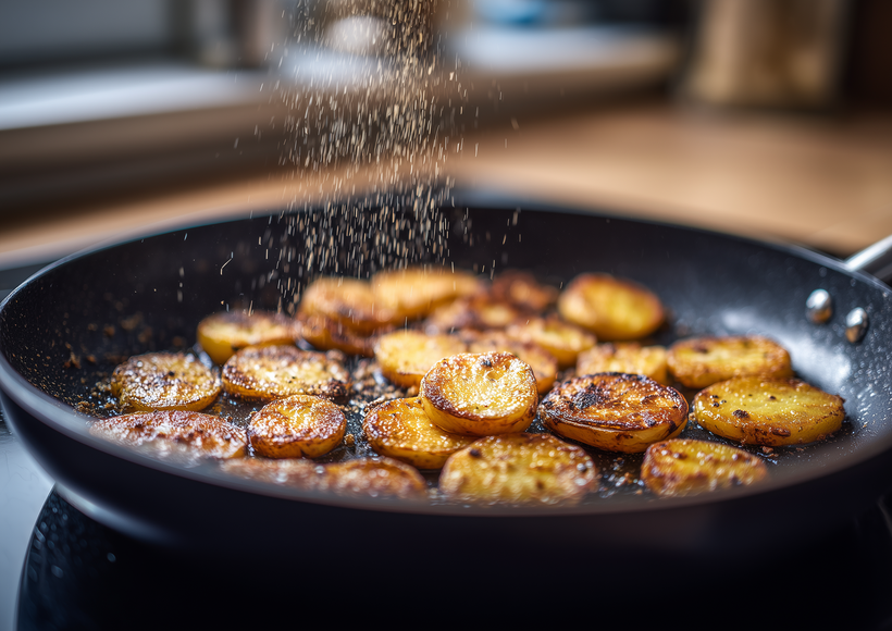Goldbraun gebratene Kartoffelscheiben in einer Pfanne, während von oben Gewürz darüber gestreut wird.