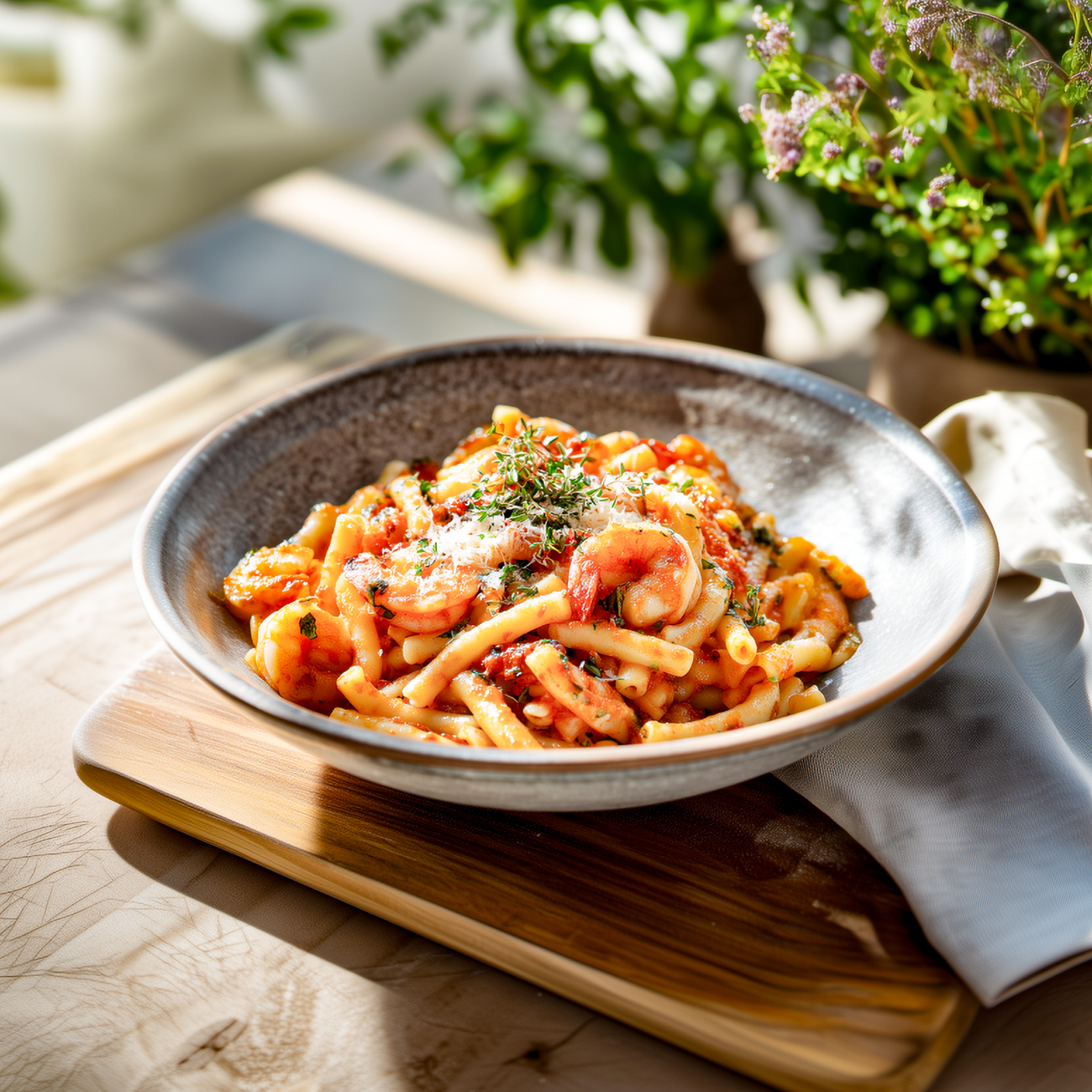 Schale mit Pasta in Tomatensoße und Garnelen, mit Kräutern und Käse garniert, auf Holzbrett im Sonnenlicht