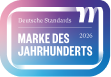 Siegel „Marke des Jahrhunderts 2025“, Deutsche Standards, in Blau und Rosa mit abgerundeten Ecken