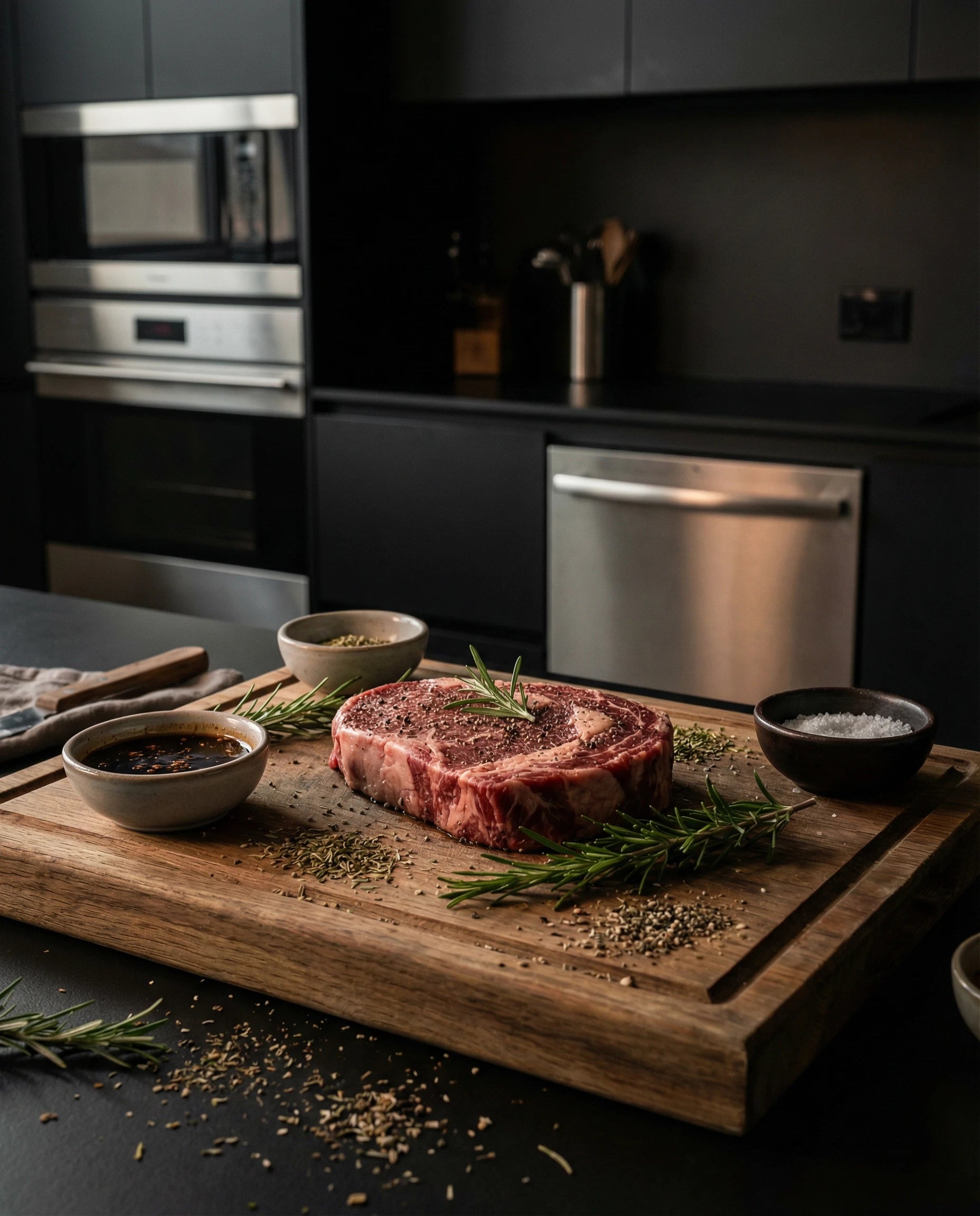 Rohes Rindersteak auf Holzbrett mit Rosmarin, grobem Salz und Sauce in moderner dunkler Küche