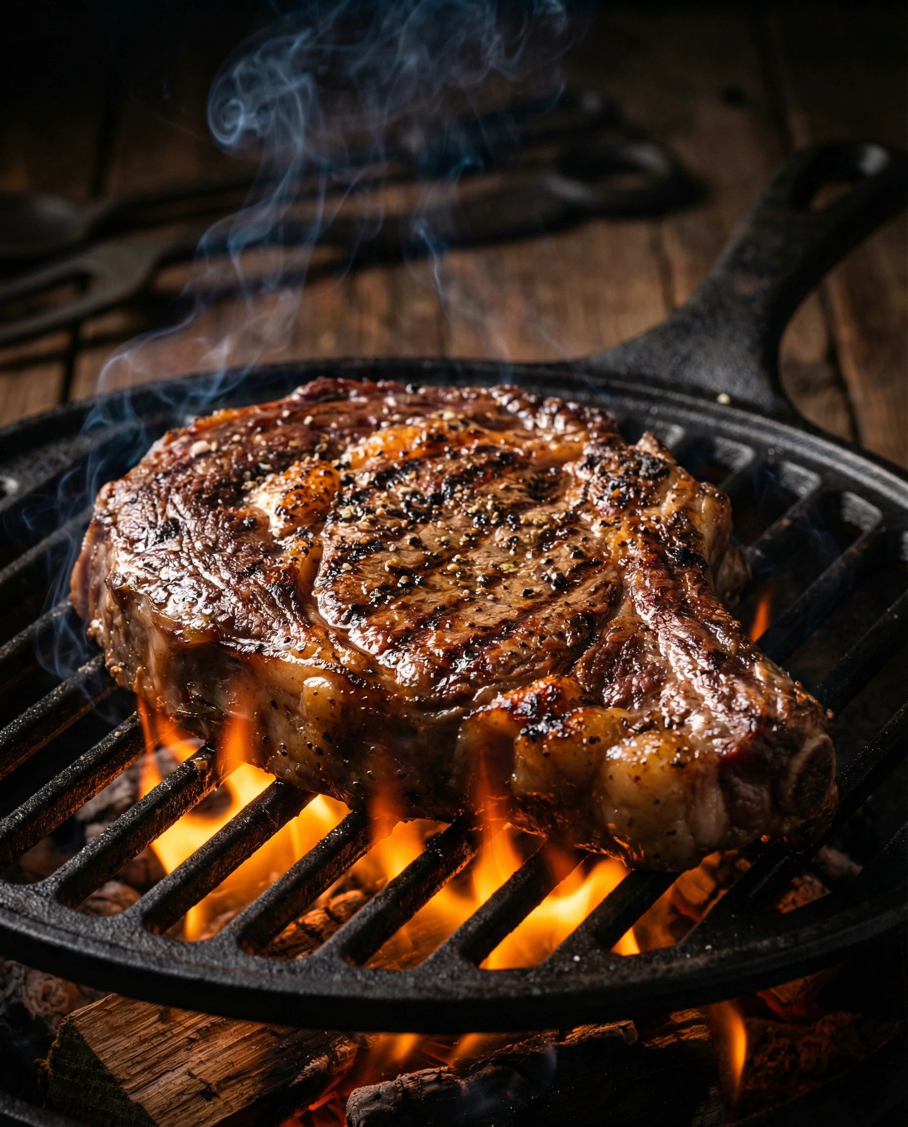 Saftiges Ribeye-Steak mit Grillspuren auf einem Rost über offenem Feuer, ideal für Grillen und Barbecue