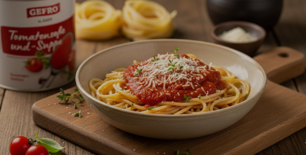 Teller mit Spaghetti und Tomatensauce, mit geriebenem Käse serviert, daneben Dose Tomaten-Suppe auf Holztisch