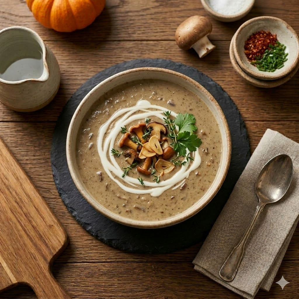 Schüssel mit cremiger Pilzsuppe, garniert mit Sahne, gebratenen Pilzen und Kräutern auf rustikalem Holztisch