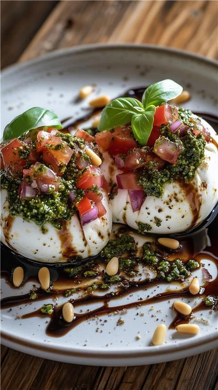 „Cremige Burrata auf einem Teller, garniert mit Pesto, gewürfelten Tomaten, roten Zwiebeln, Pinienkernen und Balsamico-Glasur.“