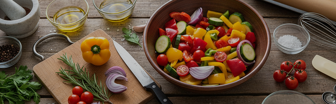 Bunte Gemüseschüssel mit Paprika, Gurke, Tomaten und Zwiebeln auf Holztisch, daneben Zutaten und Küchenutensilien