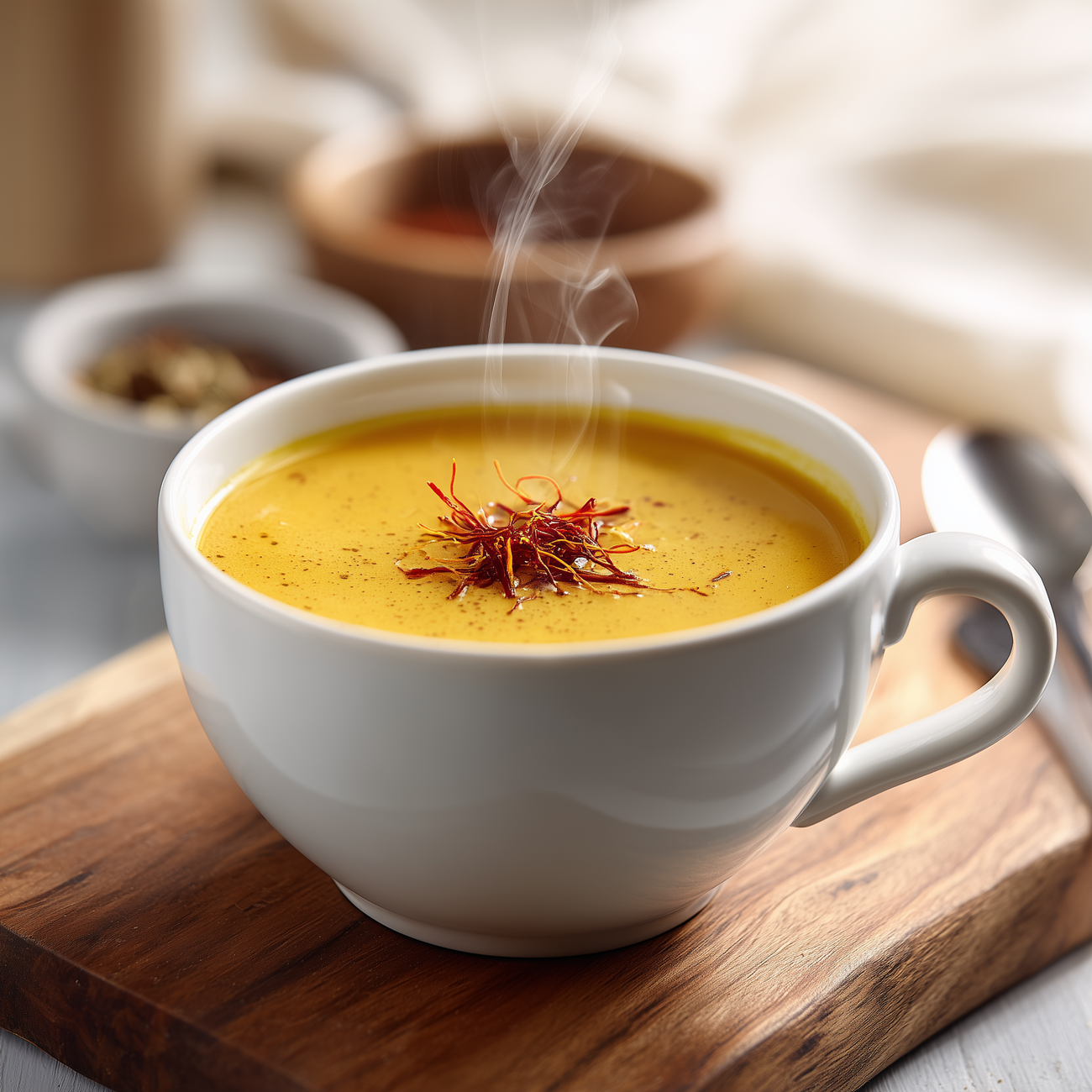 Heiße goldgelbe Suppe in einer weißen Tasse mit aufsteigendem Dampf und feiner Garnitur auf Holzbrett