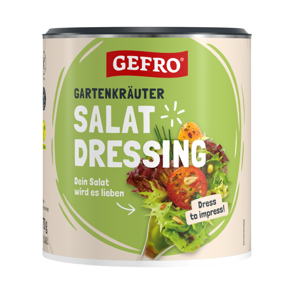 Dose GEFRO Gartenkräuter Salat Dressing mit grünem Etikett und abgebildetem Salat mit Tomate und Kräutern