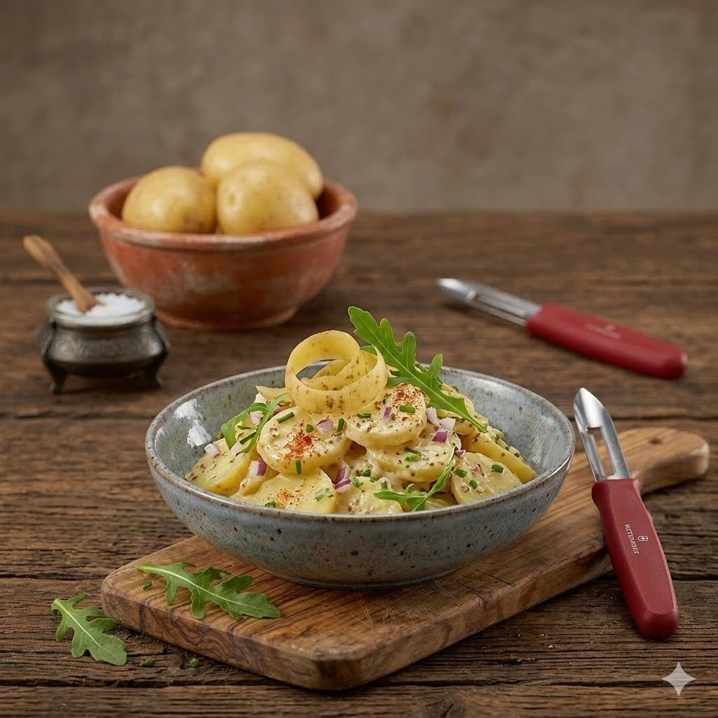 Schüssel mit cremigem Kartoffelsalat auf Holzbrett, daneben Kartoffelschäler, Salz und frische Kartoffeln im Hintergrund