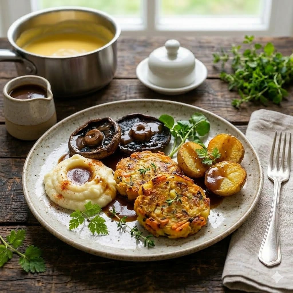Teller mit Kartoffelpuffern, Kartoffelhälften, Pilzen, Püree und Bratensoße auf rustikalem Holztisch angerichtet