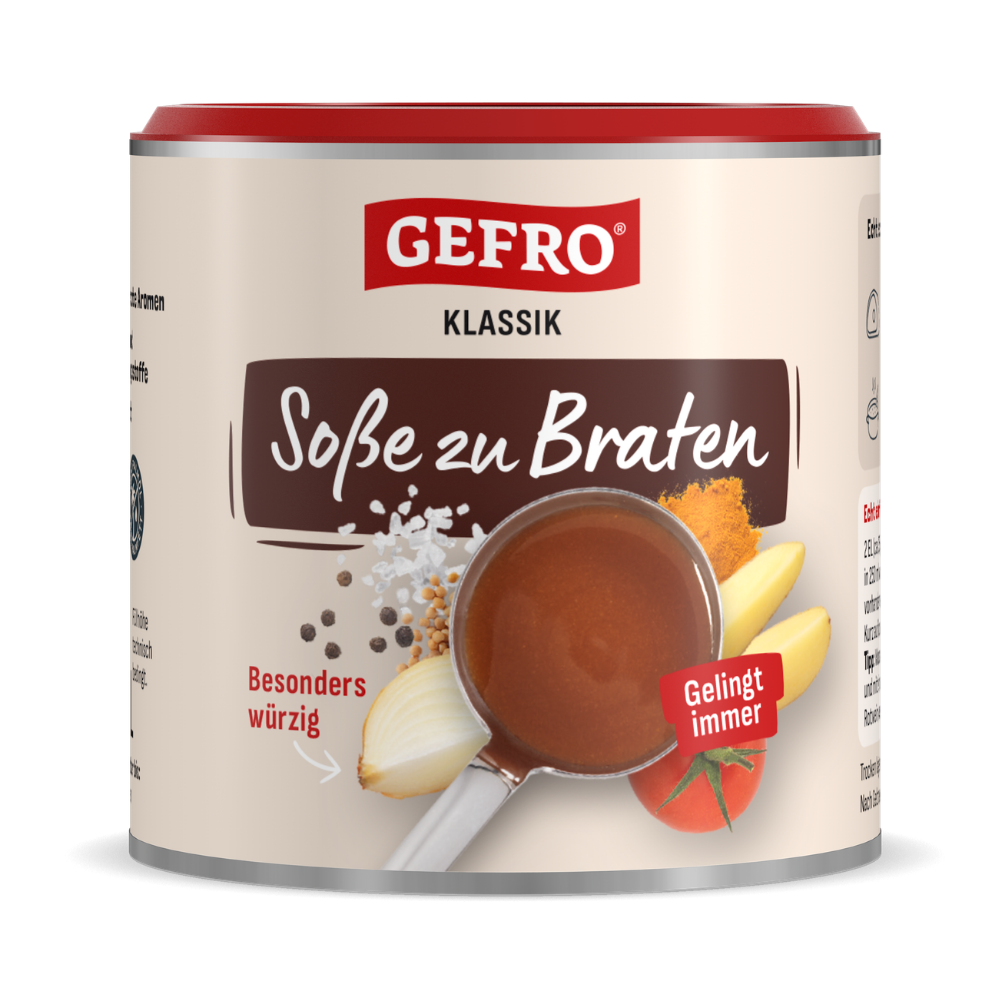 Dose GEFRO Klassik Soße zu Braten, würzige Bratensoße mit Abbildung von Soße, Zwiebel und Gewürzen