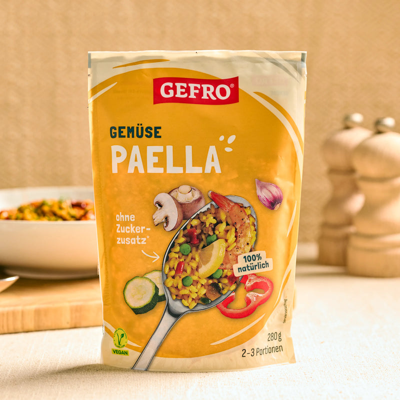 GEFRO Gemüse Paella in gelber Verpackung, vegane Gewürzmischung für 2 bis 3 Portionen, 280 g