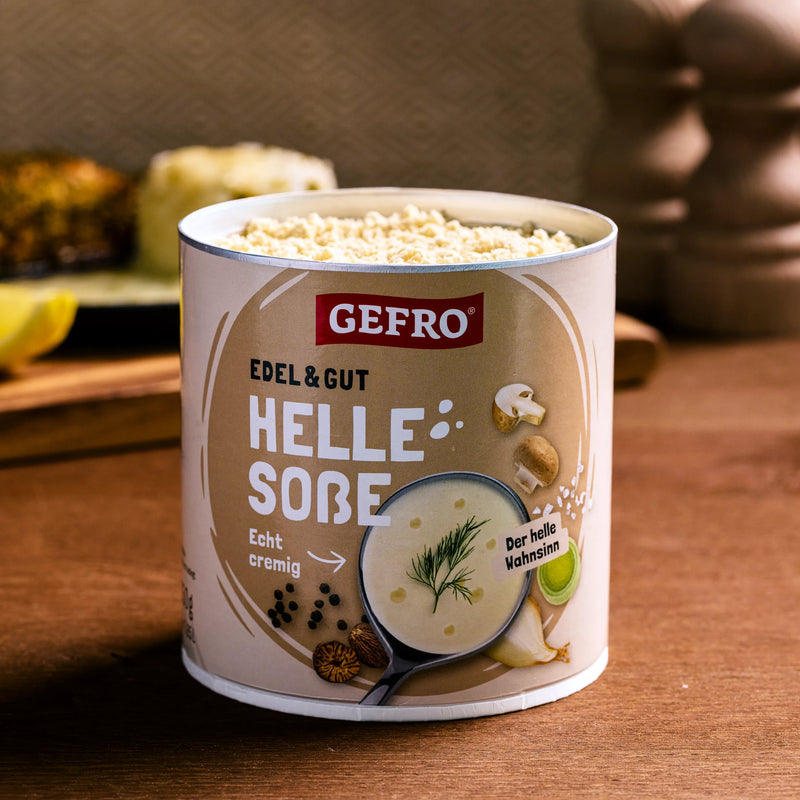 Dose GEFRO Helle Soße auf Holztisch, cremige helle Soße zum Kochen und Verfeinern von Gerichten