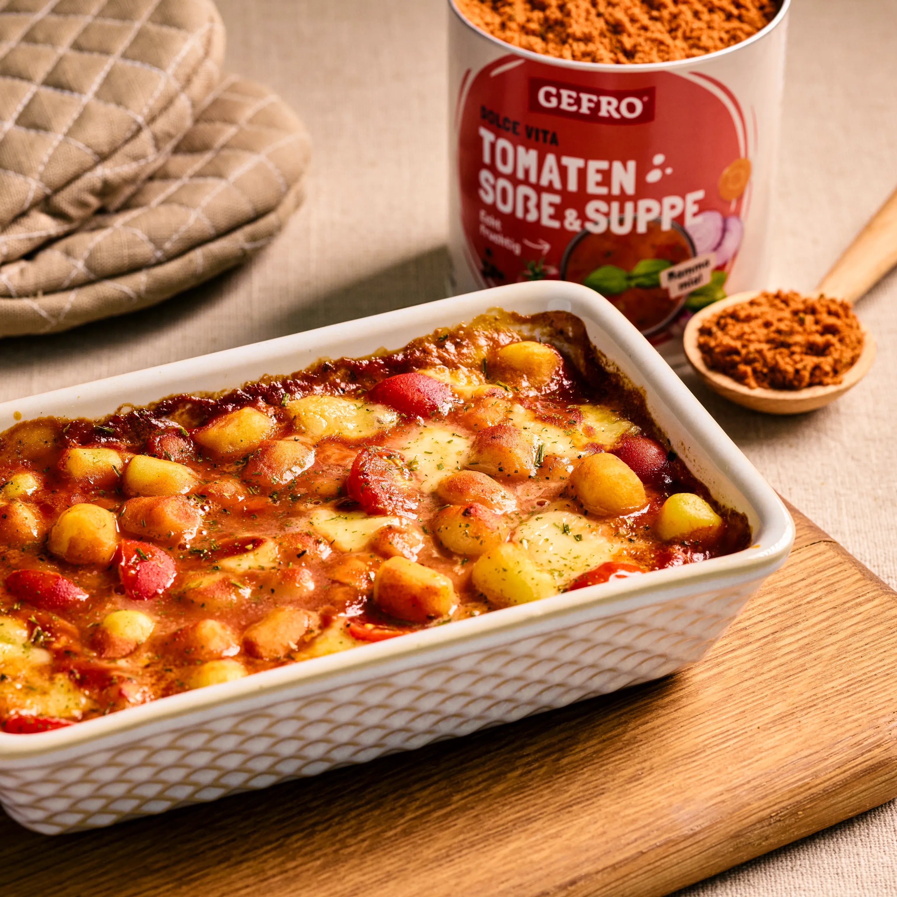 Überbackener Gnocchi-Auflauf in Tomatensoße in einer weißen Form, daneben GEFRO Tomaten Soße & Suppe Dose