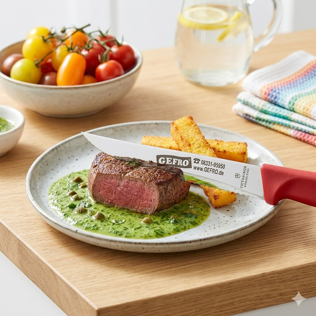 Messer mit rotem Griff schneidet ein Steak auf grünem Püree; auf dem Teller liegen auch knusprige Kartoffelstücke.