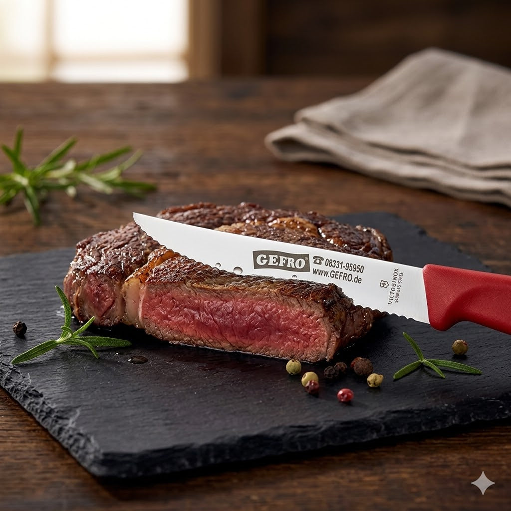 Steakmesser mit rotem Griff auf medium gebratenem Rindersteak auf Schieferplatte mit Rosmarin und Pfefferkörnern