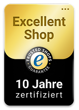 Goldenes Siegel „Excellent Shop“ mit eTrusted-Logo und dem Hinweis „10 Jahre zertifiziert“